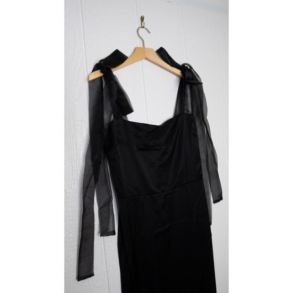 REFORMATION Kacia Black Satin Sheer Organza Bow Tie Straps Maxi Dress US 10 NWT - Picture 6 of 13